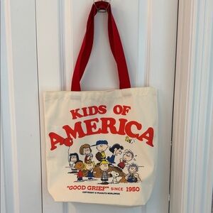 Peanuts Cream Canvas Tote Bag with Red Handles and Red Print